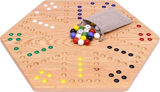 AmishToyBox.com Wahoo Marble Game Board Set - 20" Wide - Solid Oak Wood - Double-Sided - with Large 18mm Marbles and Dice Included