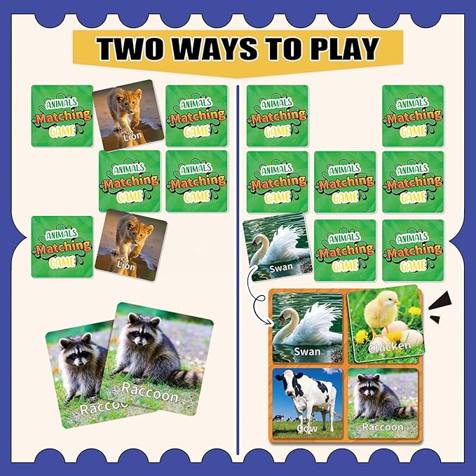 Animal Matching Game for Kids 100PCS Memory Card Game for Toddlers Preschool Learning Activities Memory Matching Cards Boys Girls Family Board Game