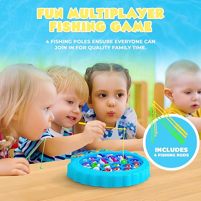IPIDIPI TOYS Fishing Game for Kids, Hook Fishing Set for Toddlers - Rotating Fish Board with Music, Educational, Fine Motor Skill Activity for Boys and Girls - Blue, 21 Fish, 4 Poles