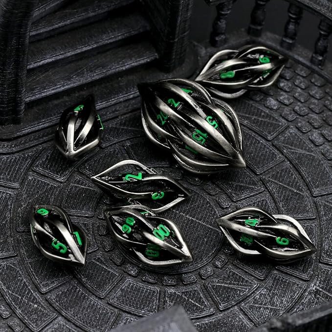 Arcanum Dungeons and Dragons Dice Hollow Metal Dice D&D Polyhedral Cool RPG Dice for Role Playing D&D Gift D20 D12 D10 D8 D6 D4 (Arcanum Green Number)