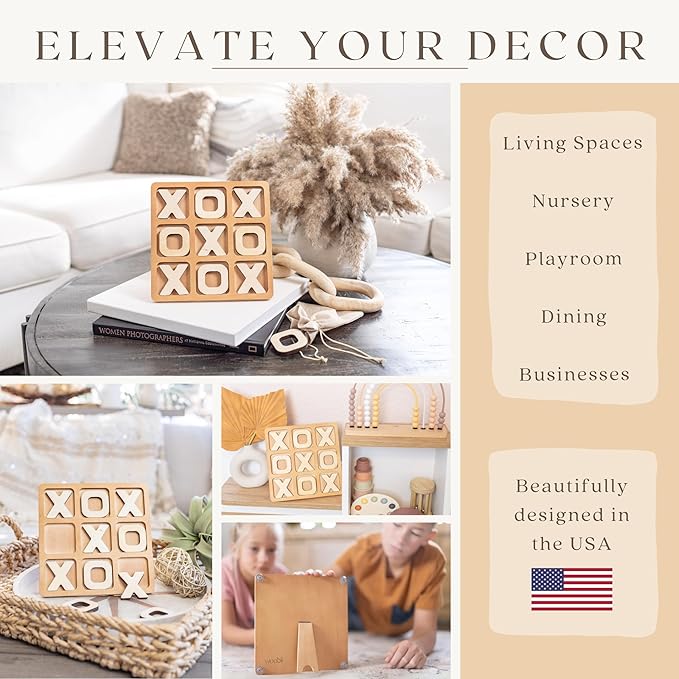 Tic Tac Toe Game, Versatile Boho Natural Wood Tic Tac Toe Board for Classic Two Person Games, 8.63 Inches Tic Tac Toe Coffee Table Decor, Two Ways to Play