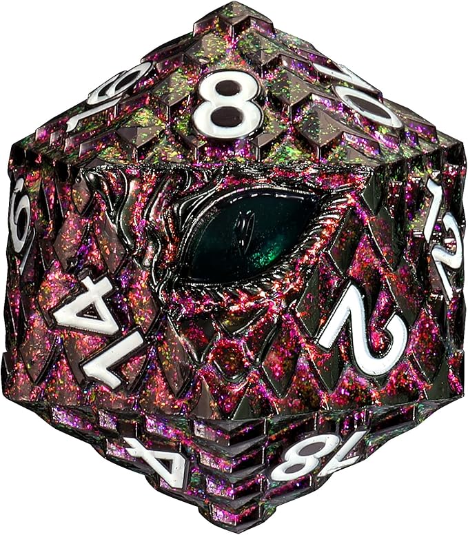 Dragon Eye Scale DND Metal Dice,33mm 20 Sided Giant D20, Large Polyhedral Dice, D&D Metal Dice Set for Dungeons and Dragons, RPG, MTG & Tabletop Games(Glitter Purple with Green Eye)