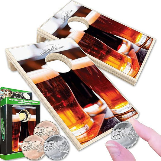 Desktop Coin Bouncing Party Set | Tabletop Cornhole Board | Small Travel Game Includes Coins