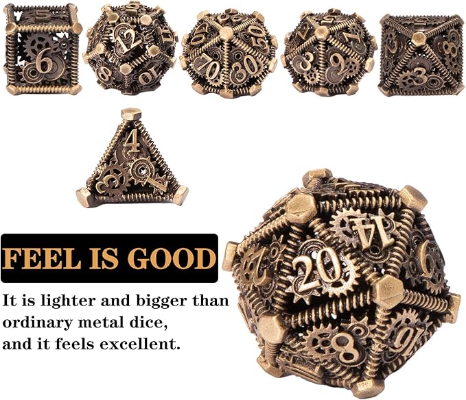 DND Metal Dice Set, UBEUCK 7PCS Gear Metal DND Dice Set for Dungeons & Dragons Board Games Boxes(Bronze Gear)