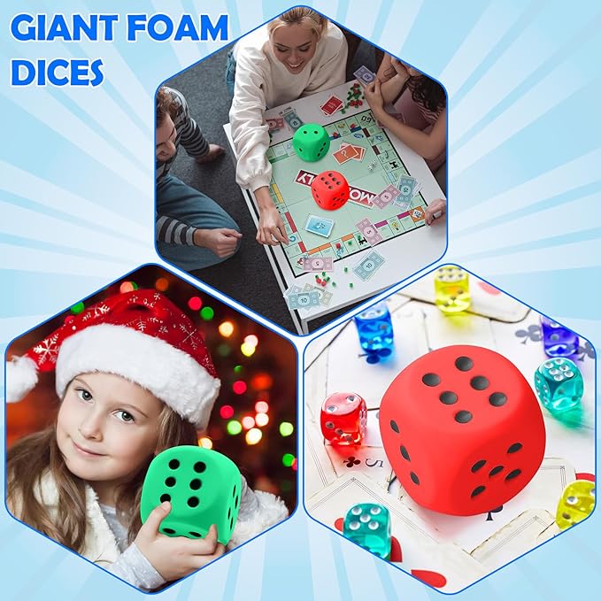 Zomiboo 2 Pcs Large Foam Dice Stress Balls Soft Jumbo 6 Sided Giant Dice Educational Learning Squeeze Anxiety Relieve Toy Gifts for Adults Kids Board Game Classroom(Red, Green,3.93 Inch)