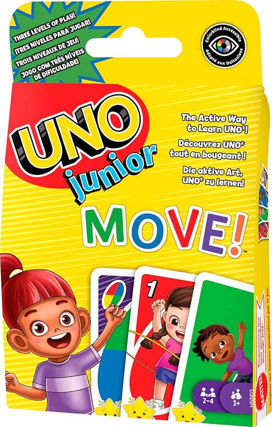 Mattel Games UNO Junior Move! Card Game for Kids Featuring Active Play, Simple Rules, 3 Levels of Play & Matching