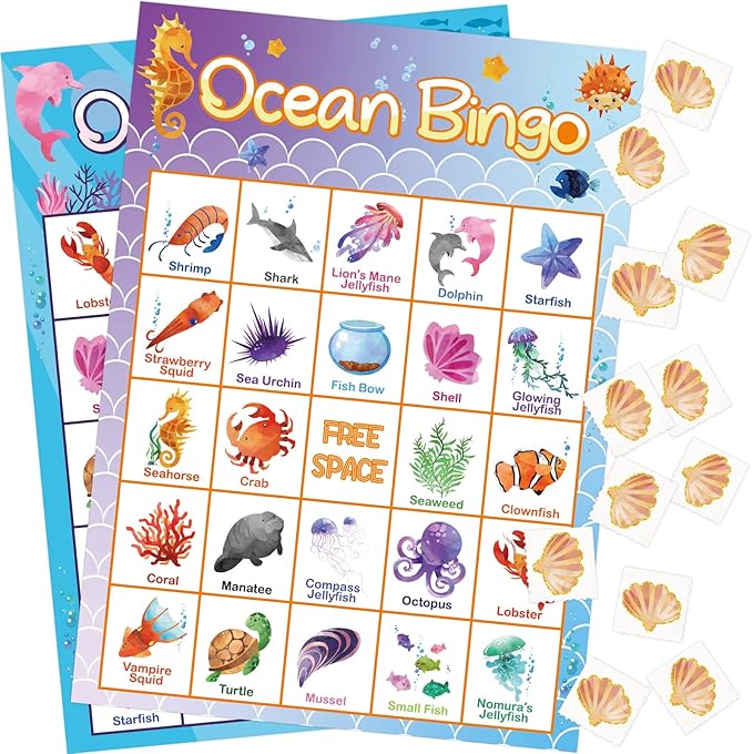 Ocean Bingo Game 24 Players for Kids Under Sea Party Game Supplies