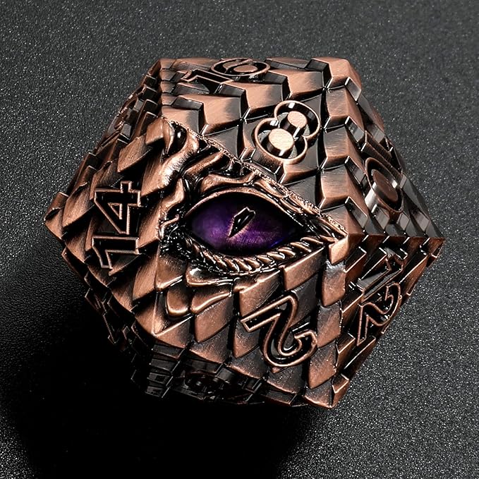 Dragon Eye Scale DND Metal Dice,33mm 20 Sided Giant D20, Large Polyhedral Dice, D&D Metal Dice Set for Dungeons and Dragons, RPG, MTG & Tabletop Games(Golden with Purple Eye)