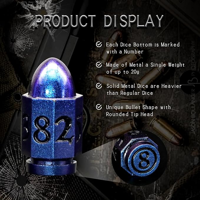 Bullet DND Dice for Dungeons and Dragons, Metal Dice Set D&D Unique Cool Die Polyhedral D and D Dice for Role Playing Game (Bullet Dazzle Black)