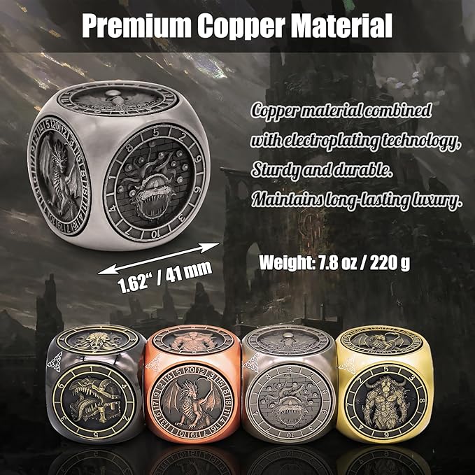DND Spinner Dice, 7 in 1 Unique Metal Dice Set with 3D Relief for Dungeons and Dragons Gifts, Cool Polyhedral Role Playing Game Dice, Fantasy D&D Tabletop RPG Accessories for DM & Player (Silver)