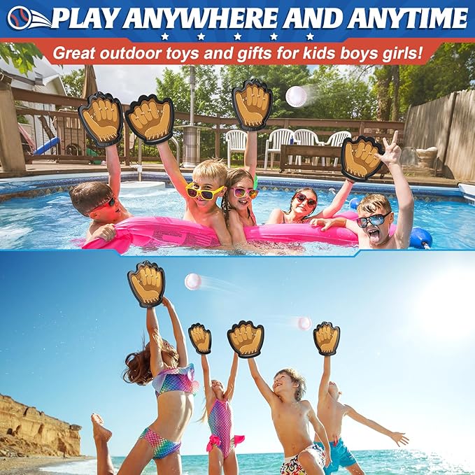 Officygnet Kids Outdoor Toys Catch Ball Games Set, 2 Pack Baseball Training Toy with Gloves for Kids Ages 3-12 Years Old, Beach Pool Yard Games for Adult and Family, for Toddlers Boys Girls
