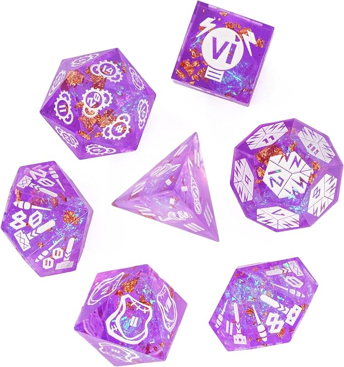 Cusdie Sharp Edges DND Dice, 7 PCs D&D Dice, Handcrafted Polyhedral Dice Set, for Role Playing Game Pathfinder(Purple/Roman Numerals)