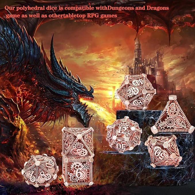 DND Metal Dice Set, UBEUCK 7PCS Gear Metal DND Dice Set for Dungeons & Dragons Board Games Boxes(Gear red)