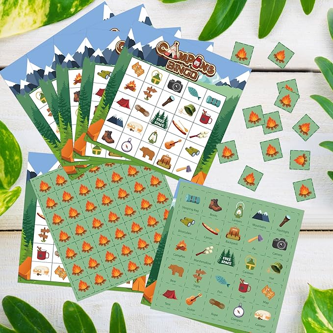41Pcs Camping Bingo Game Cards for Kids - Camp Adventure Party Games with 24 Players - Jungle Bingo Cards Chips for Kids Family Travel Indoor Outdoor Activities School Classroom Birthday Supplies