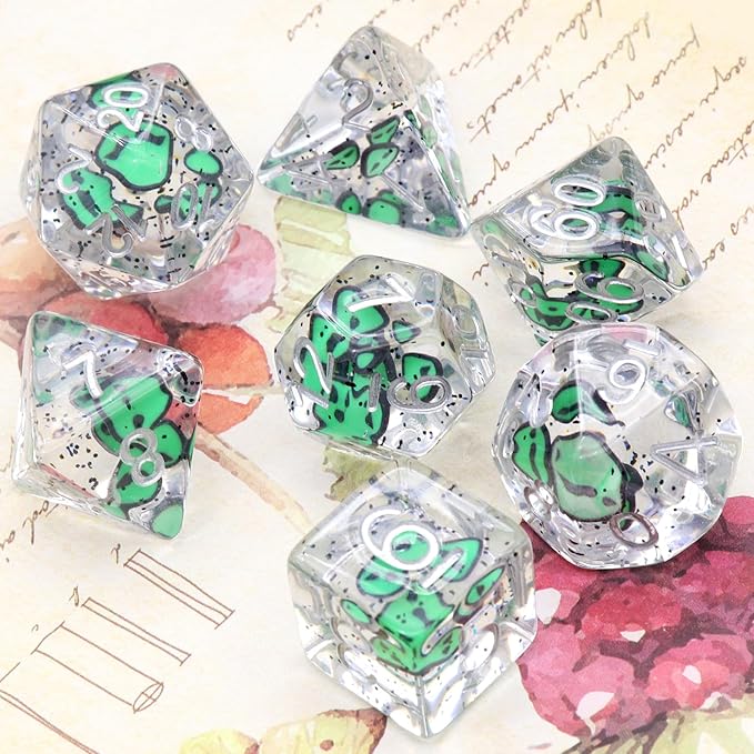 Haxtec Green DND Dice Set 7PCS Filled Resin Polyhedral Halloween D&D Dice with Ghost Inclusions Role Playing Dice for Dungeons and Dragons TTRPG