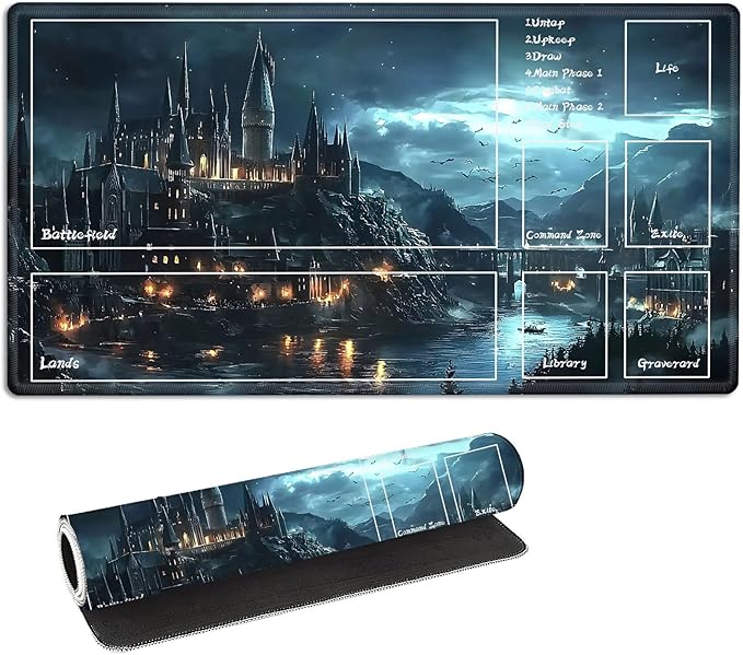 for MTG Playmat with Zones Storage Bag,for TCG Playmat and Playing Card Mat for Magic Board Games, Castle Non Slip Stitched Edges Game Mat, Rollable Foldable Card Playmats