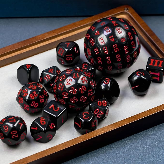 15 Pieces Complete Polyhedral DND Dice Set D3-D100 Spherical D&D Dice Set with Dragon Eye Dice Bag, D100 Dice for Dungeons and Dragons, RPG, MTG Table Games(Black w/Red Numbers)
