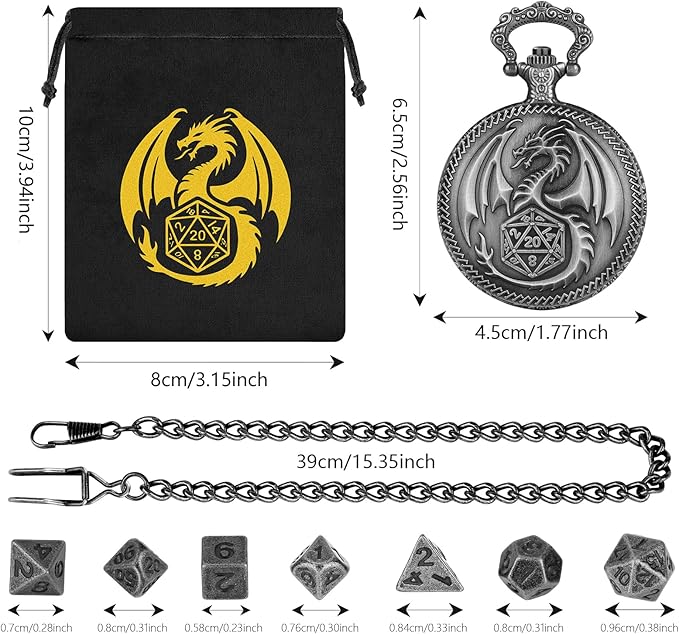 Mini DND Dice Set with Steampunk Dragon Pocket Watch Case, Tiny 7-Piece Polyhedral Metal D&D Dice, DND Gifts with Dragon Logo Gift Bag, Role Playing Game Board Game Accessories Dice, Silver