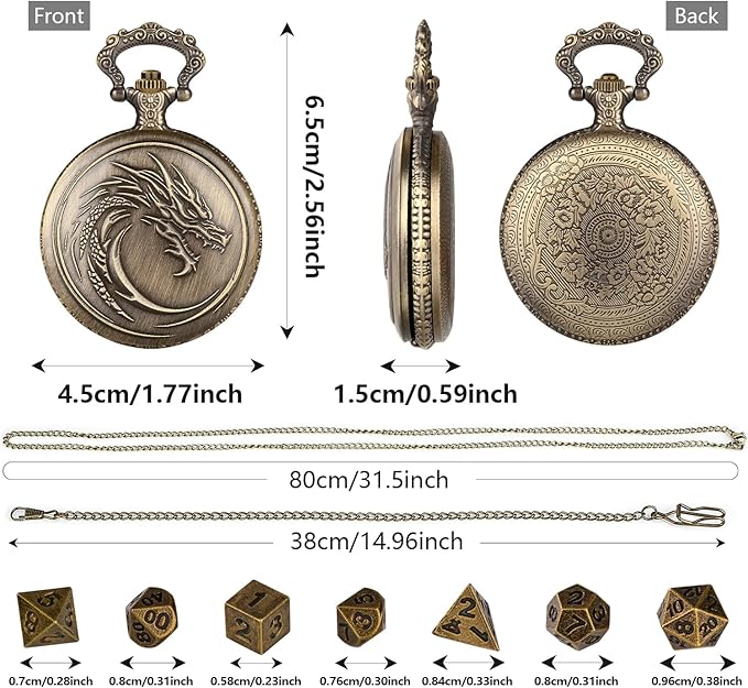 Mini DND Dice Set with Steampunk Dragon Head Totem Pocket Watch Case, Tiny 7PCS Polyhedral Metal D&D Dice, DND Gifts with Gift Box, Role Playing Game Board Game Accessories Dice, Bronze