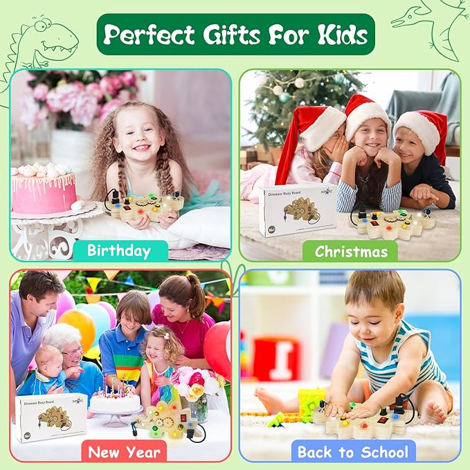 Toddler Busy Board, Montessori Toys for 1-3 Year Old, Wooden Busy Board with LED Light, Dinosaur Sensory Toys for Age 1-3, Boy & Girl Gift