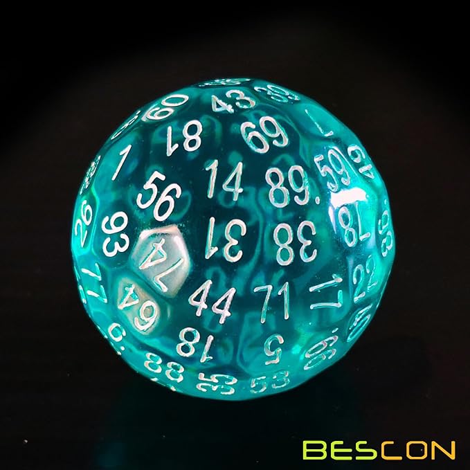 Bescon Translucent Polyhedral Dice 100 Sides Dice, Transparent D100 die, 100 Sided Cube, D100 Game Dice,100-Sided Cube of Teal