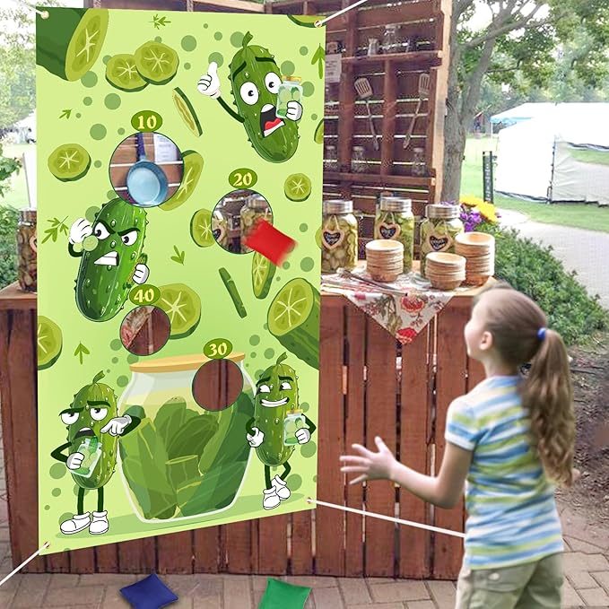Serencatcher Pickle Toss Game Banner with 3 Bean Bags Funny Pickle Bean Bag Toss Games Backdrop for Pickle Party Games Pickle Themed Birthday Baby Shower Party Decorations Supplies