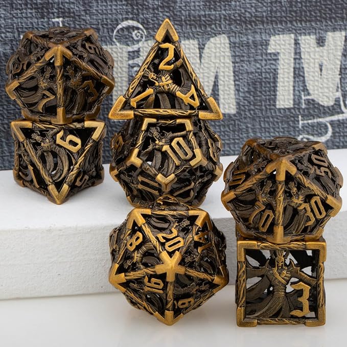 Hollow DND Dice Set Metal Wizard Dice with Box, 7pcs Ancient Gold Polyhedral D and D Dice for use with D&D RPG Tabletop Games Role Playing Game