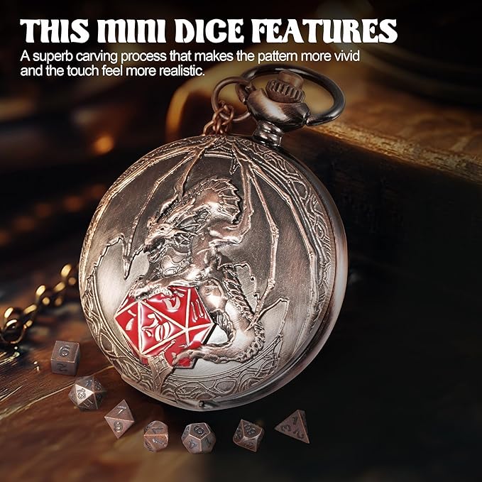 D&D Dice Set,7PCS Metal Dice for Dungeons and Dragons,Mini Dice Set with Pocket Watch Case,Role Playing Board Games Accessories (Dragon-R, Copper)