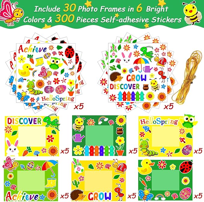 30 Packs Spring Craft Kits for Kids Bulk Springtime DIY Picture Frame Craft Flower Butterfly Easter Art Craft Mothers Day Craft Party Favors Home Classroom Game Activities Bulletin Board Decoration