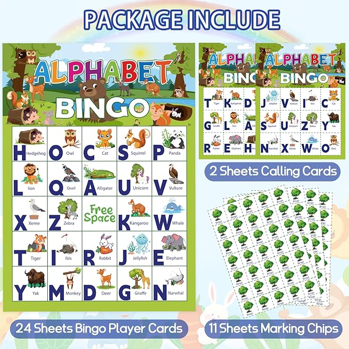 Alphabet Bingo Game for Toddler Adults, 24 Players Letter Bingo Cards Letter Recognition Alphabet Animals Themed Bingo Game Cards for School Classroom Family Activities