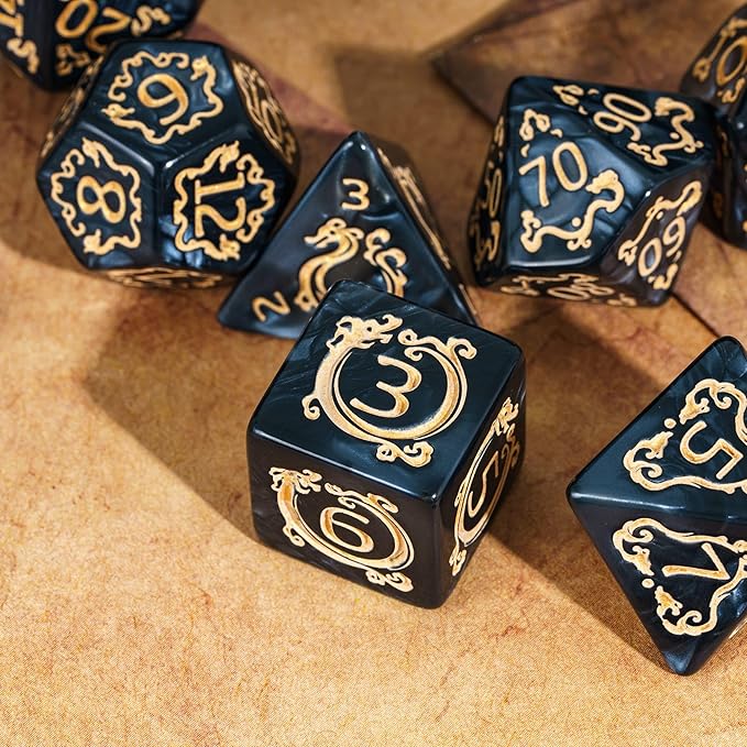 7-Die DND Dice Set Dragon Pattern Polyhedral Dice Set with Leather Bag D&D Dice Set for Dungeons and Dragons RPG MTG Table Games (Black W/Gold Dragon Pattern)