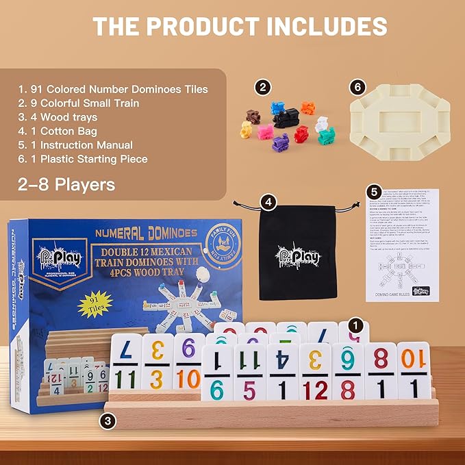Mexican Train Dominoes Set with Numbers - Double 12 Colored Number Dominoes - 91 Tiles, 9 Trains, 4 Wooden Trays & Storage Bag for 2-8 Players Ages 8+