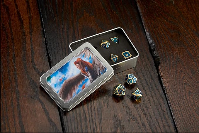 Metal DND Dice Set Blue/Gold Polyhedral Dice with Polished Tin Carrying Case for Table Top Games D&D Dungeons and Dragons Role Playing Games
