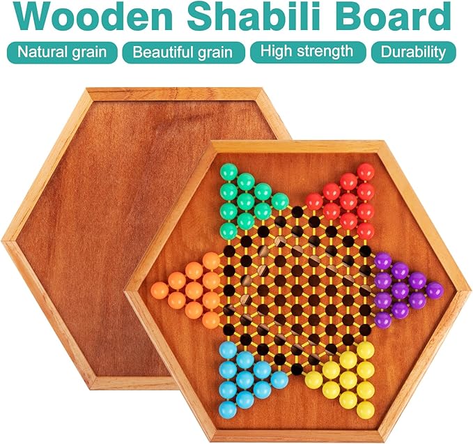 HOLYKING 12.6 Inchs Wooden Chinese Checkers with Drawer-Traditional Board Game with Set of 60 Colorful Acrylic Marbles, Classic Strategy Family Game for up to 6 Players