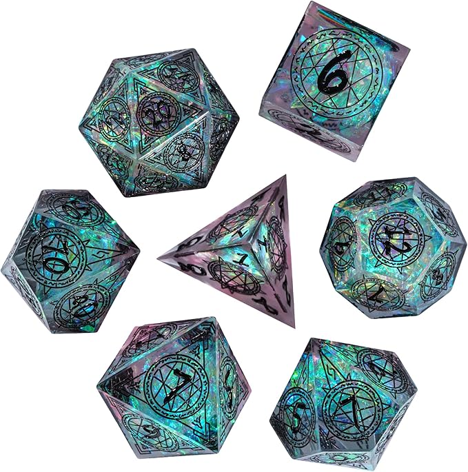 Cusdie 7-Die Sharp Edges DND Dice Set, Magic Circle Pattern Polyhedral D&D Dice Set for DND Dungeons and Dragons TTRPG Role Playing Games