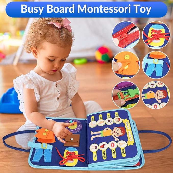 Montessori Toys for 3+ Year Olds, 9 in 1 Busy Board for Toddlers, Sensory Board Activities Learning Travel Toys for Plane Car, Birthday Gifts for Kids Boys Girls (Blue Planet)