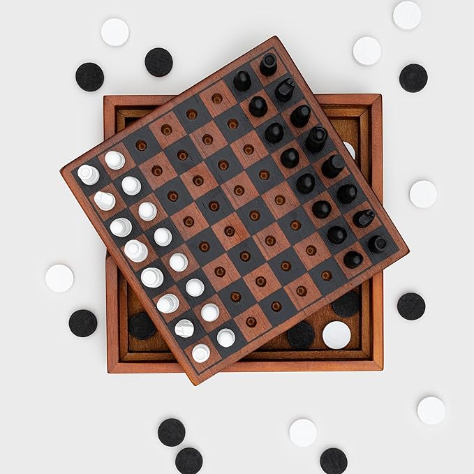 Iron & Glory Chess Board & Checkers Set | Wooden Puzzles & Games | Board Games for Family Night | Travel Games for Kids & Travel Gifts | Coffee Table Decor | Family Board Games for Games Night