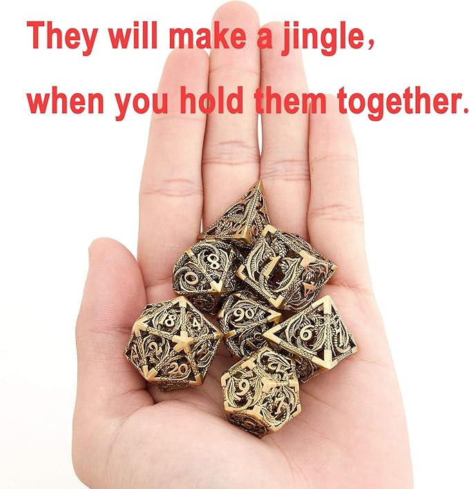 Hollow Metal DND Game Dice Dragon Shape Carved Antique Iron 7Pcs Set for Dungeons and Dragons RPG MTG Table Games D&D Pathfinder Shadowrun and Math Teaching (with Metal Case) ?-