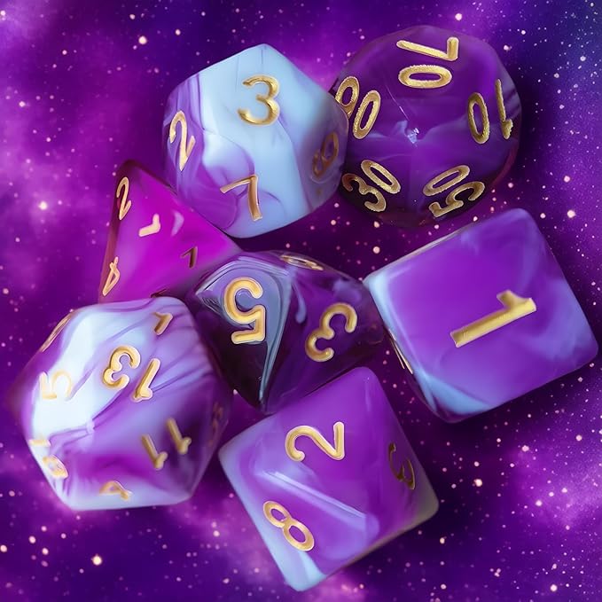 DND Dice Set, 7 Pcs Dice for Dungeon and Dragons D&D RPG Role Playing Games Dice Set with D20 D12 D10 D% D8 D6 D4(Purple Mixed White)