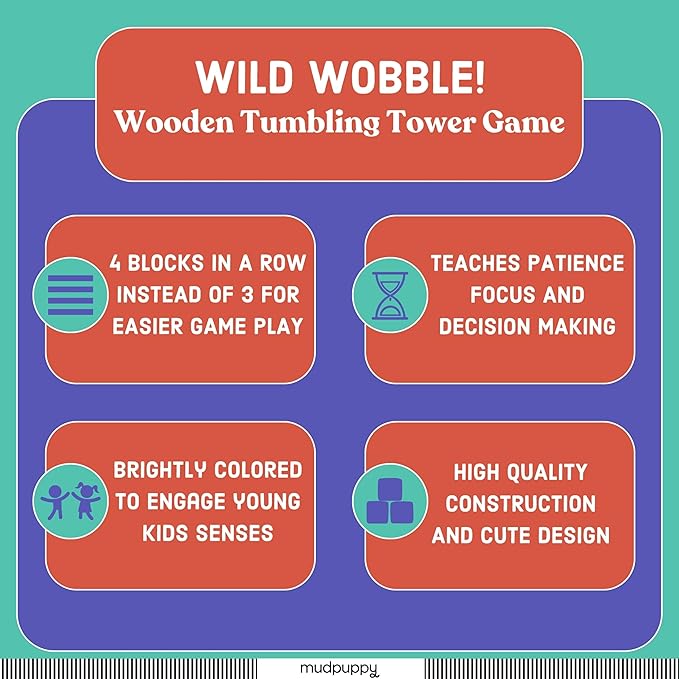 Mudpuppy Wild Wobble! – Colorful Wooden Tumbling Tower Game, 4 Across, Great for Small Hands, Ages 3+