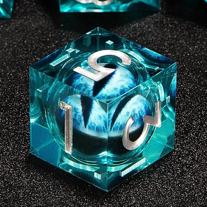 Handmade Resin Dungeons and Dragons Dice Set Dragon Eye Liquid Core Sharp Edges 7 PCS with Gift Box for TTRPG for D&D Fans (Blue-White)