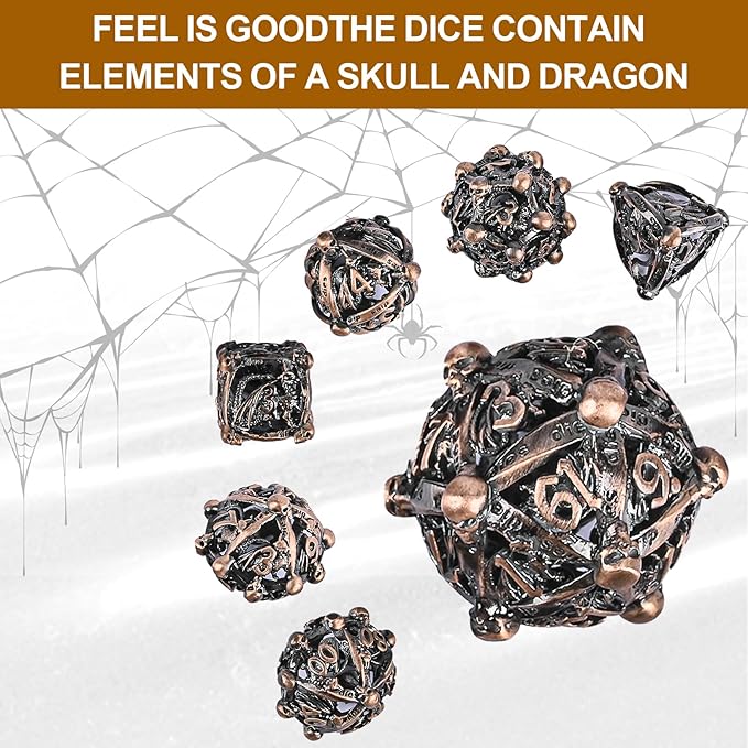 DND Metal Dice Set, UBEUCK 7PCS Gear Metal DND Dice Set for Dungeons & Dragons Board Games Boxes (Ancient red Copper dice)