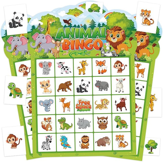 Animal Bingo Game for Toddler Adults, 24 Players Jungle Safari Animal Bingo Game Cards Birthday Party Bingo Cards for School Classroom Family Activities