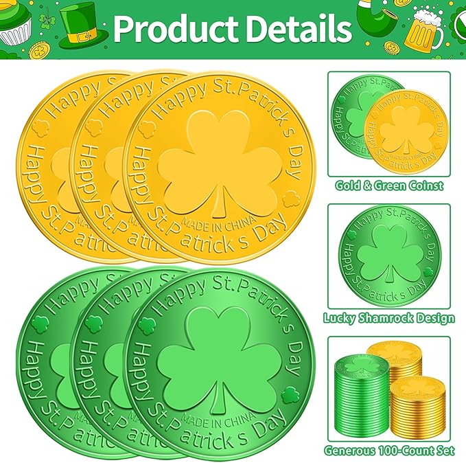 100 PCS St. Patrick's Day Coins - Lucky Gold Green Shamrock Clover Coins Party Favors for St. Patrick's Day Decorations, Irish Themed Party Supplies, Birthday, Parade Throws, Outdoor Treasure Hunts