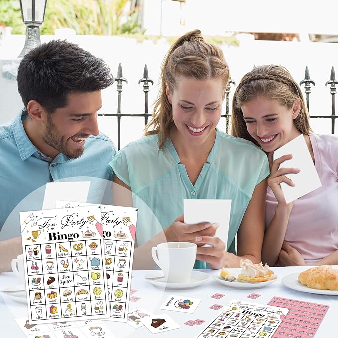 Tea Party Bingo Game 24 Players Bingo Cards for Women Men Birthday Tea Parties Favors for Women Friends Family Holiday Parties Activities Supplies Garden Party Decoration Game- JK0105