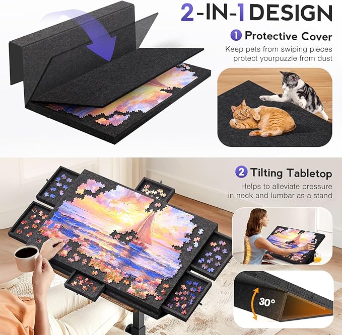Hatisan 1500 Piece Puzzle Board with Drawers and Cover, Portable Felt Puzzle Table for Adults,Foldaway Jigsaw Puzzle Board for Birthday (Dark Grey, 1500 PCS)