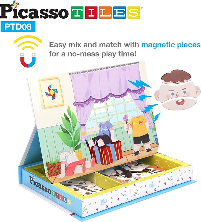 PicassoTiles 108pcs Reusable Magnetic Face Sticker Puzzle Book Drawing Board Set for Kids,Educational and Learning Activity Books, Toys & Activity, STEM Learning Toys, Early Education Toys,Gifts Boys