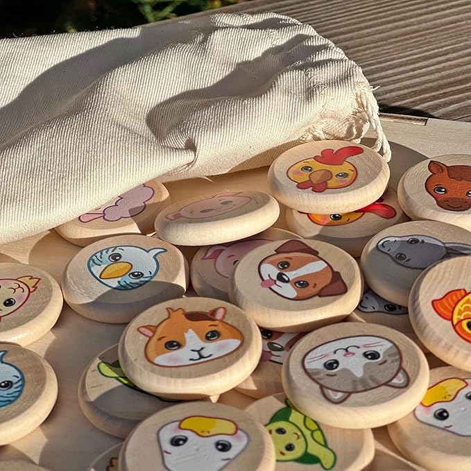 Ulanik Domestic Animals Matching Memory Game for Toddlers Age 3 + Year Old Preschool Wooden Board Games for Kids 4-8 Learning & Education Toys — 30 Chips, 1.57 in