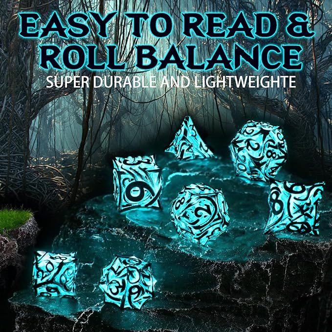 Glow in The Dark DND Dice Metal for Dungeons and Dragon 7 Polyhedral Dice Set Hollow Metal Vine D&D RPG Dice for Role Playing Game (Vine Glow Blue)