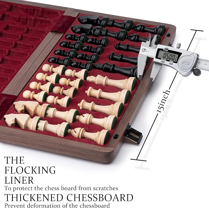 A&A Premium Natural Walnut Folding Chess Board Game Set, 15" Wooden Chess Board & 3" King Height Staunton Chess Pieces with 2 Extra Queens, Portable Travel Chess Set with Storage Bag for Adults & Kids